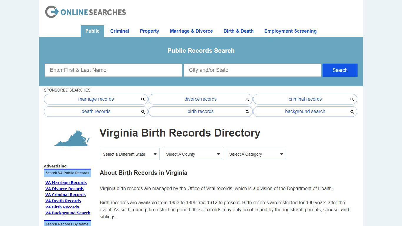 Virginia Birth Records Search Directory - OnlineSearches.com